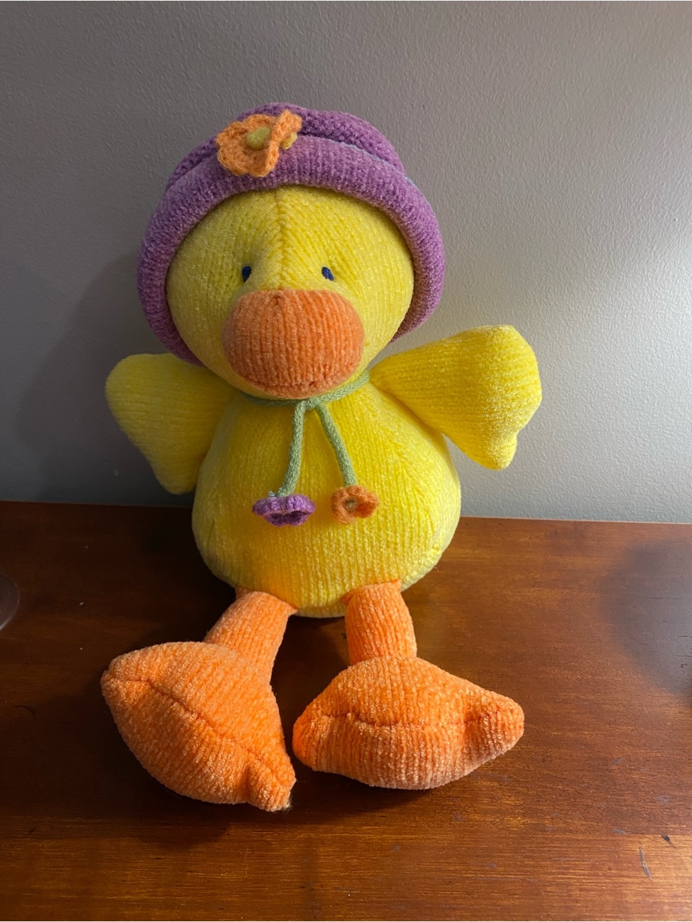 Russ Berrie Yellow Duck Plush with Purple Hat 11”